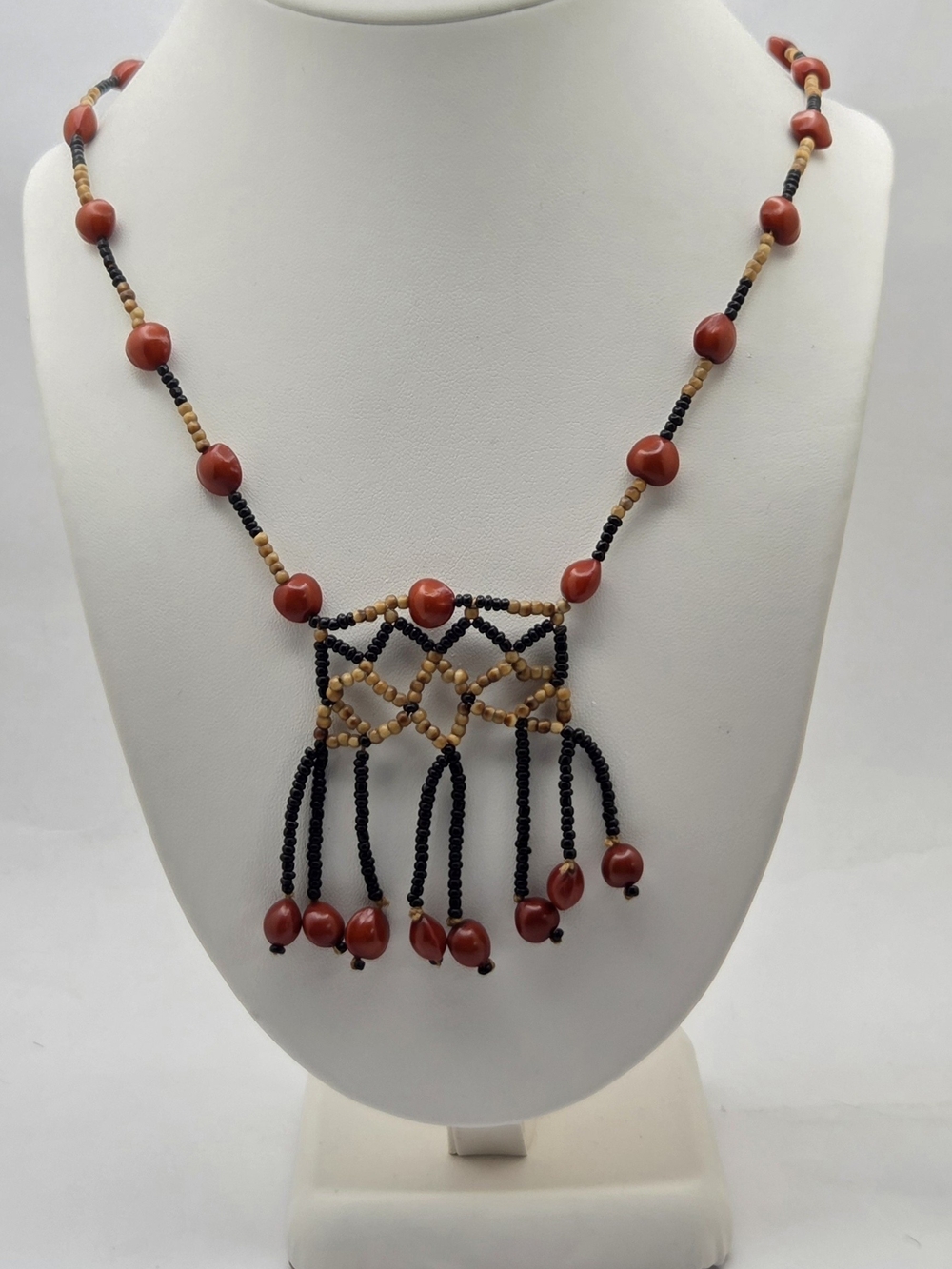 Vintage Natural Red Seed & Wood Bead Bib Statement Necklace 20” Boho Tribal